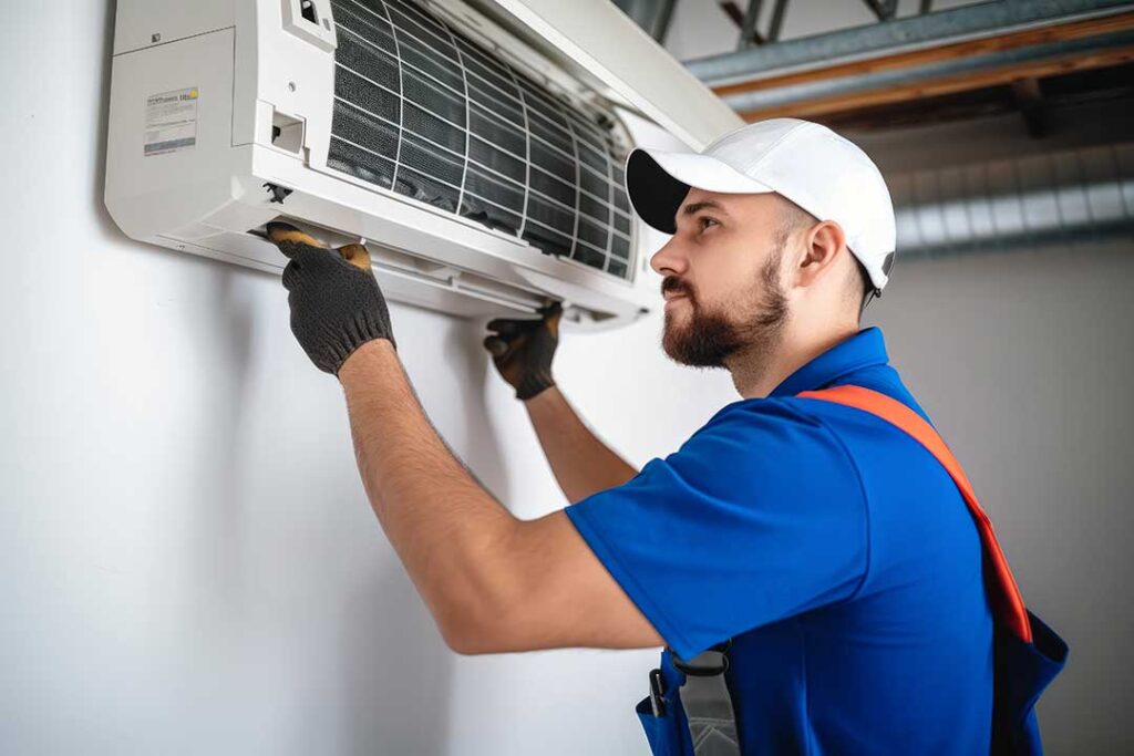 A technician inspecting an outdoor air conditioning unit outside a single-family home on a sunny day.